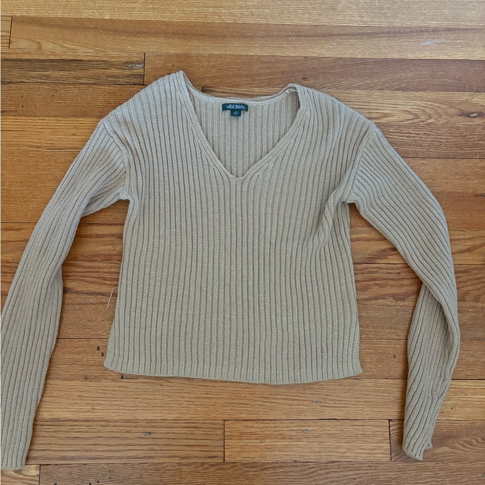 wild fable Beige Ribbed V-Neck Sweater